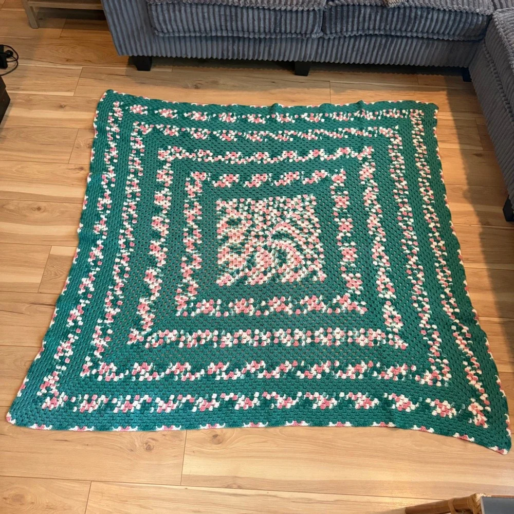 Handmade Teal Green Pink White Granny Square Crochet Afghan‎ Blanket Throw Cozy